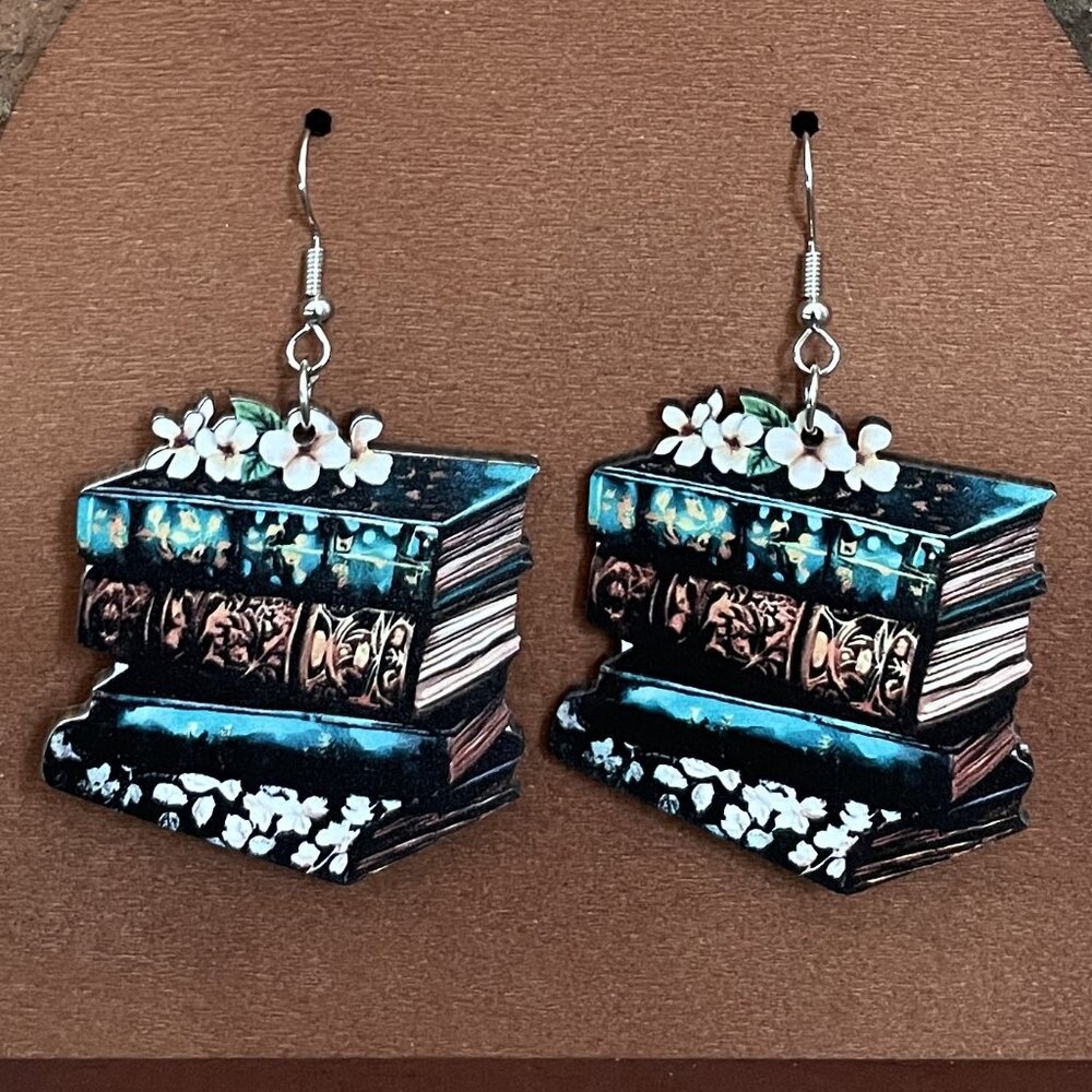 Turquoise Tooled Antique Books Wood Earrings